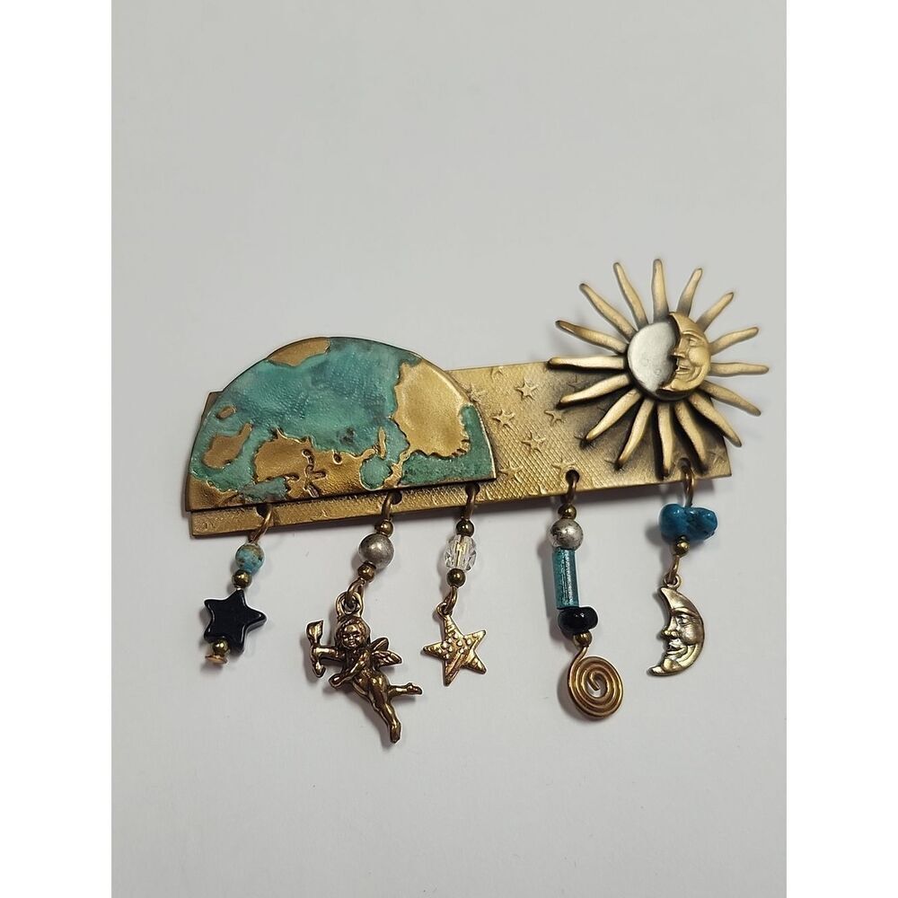 Vintage Bar Brooch With Charms Sun Cupid Stars Moon